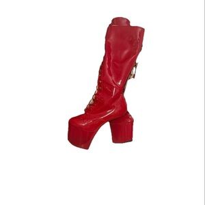 Pleaser Red Patent High-Platform Lace-Up Knee Boots